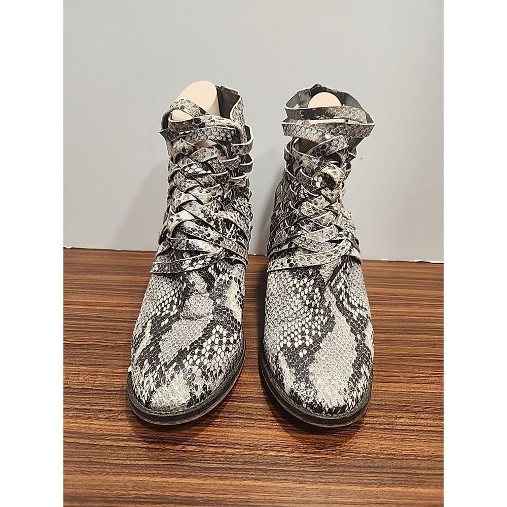 Free People 39 8.5 Carrera Ankle Boots Woven Caged Snake Skin Block Heel Zip